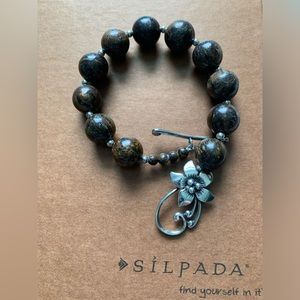 Silpada Vintage Sterling Jasper Bead & Flower Toggle Clasp Bracelet